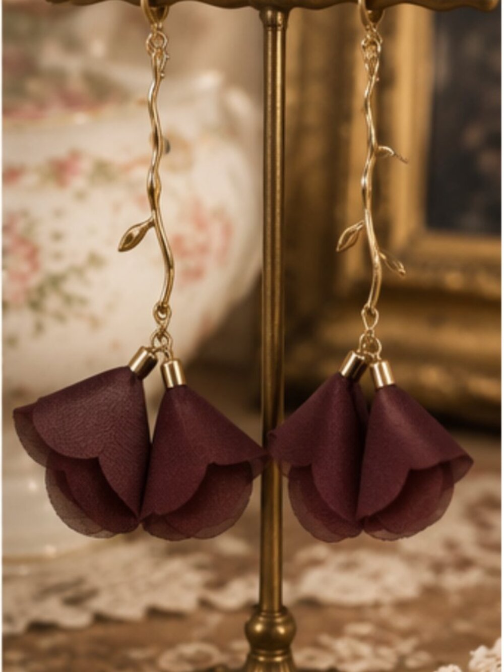 Burgundy Floral Vine Drop Earrings - Picture 2 of 3